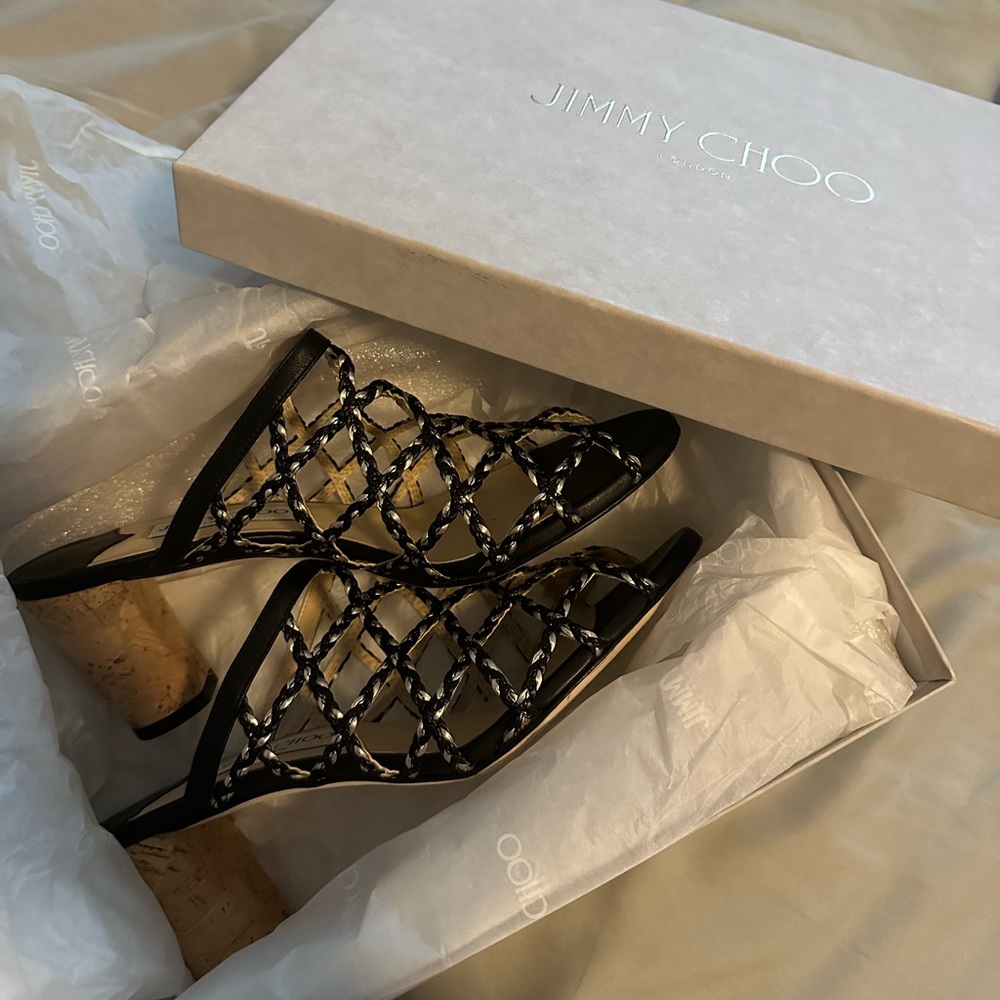 Authentic Jimmy choo black braid cage heels with box 38.5
